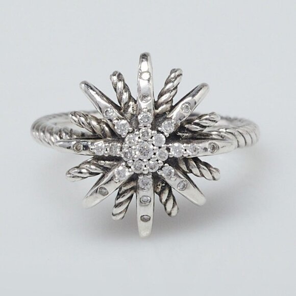 David Yurman 16mm Sterling Silver and Diamond Starburst Ring Size 8 - Picture 1 of 6